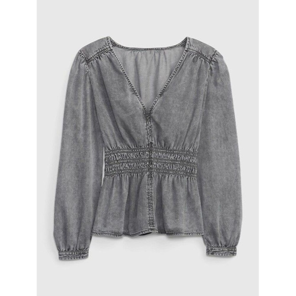 GAP Women’s Gray Denim Blouse V-Neck Smocked Waist Puff Long Sleeve Size L